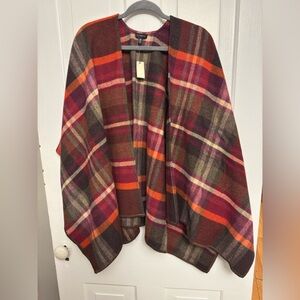 🍁 Talbots Cape 🍁 One Size Fits All Red Brown Plaid Wool Blend Fall Colors Poncho
